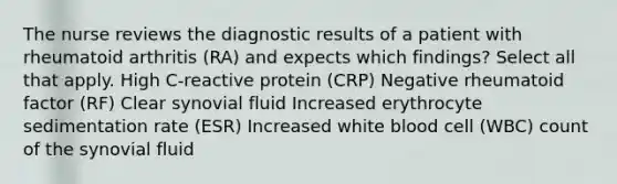 The nurse reviews the diagnostic results of a patient with rheumatoid arthritis (RA) and expects which findings? Select all that apply. High C-reactive protein (CRP) Negative rheumatoid factor (RF) Clear synovial fluid Increased erythrocyte sedimentation rate (ESR) Increased white blood cell (WBC) count of the synovial fluid