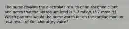 The nurse reviews the electrolyte results of an assigned client and notes that the potassium level is 5.7 mEq/L (5.7 mmol/L). Which patterns would the nurse watch for on the cardiac monitor as a result of the laboratory value?