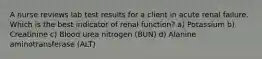 A nurse reviews lab test results for a client in acute renal failure. Which is the best indicator of renal function? a) Potassium b) Creatinine c) Blood urea nitrogen (BUN) d) Alanine aminotransferase (ALT)