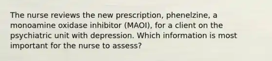 The nurse reviews the new prescription, phenelzine, a monoamine oxidase inhibitor (MAOI), for a client on the psychiatric unit with depression. Which information is most important for the nurse to assess?