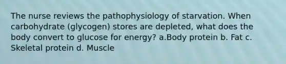 The nurse reviews the pathophysiology of starvation. When carbohydrate (glycogen) stores are depleted, what does the body convert to glucose for energy? a.Body protein b. Fat c. Skeletal protein d. Muscle