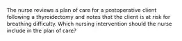 The nurse reviews a plan of care for a postoperative client following a thyroidectomy and notes that the client is at risk for breathing difficulty. Which nursing intervention should the nurse include in the plan of care?