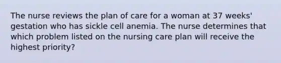 The nurse reviews the plan of care for a woman at 37 weeks' gestation who has sickle cell anemia. The nurse determines that which problem listed on the nursing care plan will receive the highest priority?