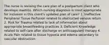 The nurse is revising the care plan of a postpartum client who develops mastitis. Which nursing diagnosis is most appropriate for inclusion in this client's updated plan of care? 1. Ineffective Peripheral Tissue Perfusion related to obstructed venous return 2. Risk for Trauma related to lack of information about appropriate breastfeeding practices 3. Deficient Knowledge related to self-care after discharge on anticoagulant therapy 4. Acute Pain related to tissue hypoxia and edema secondary to vascular obstruction