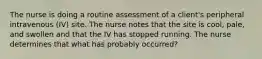 The nurse is doing a routine assessment of a client's peripheral intravenous (IV) site. The nurse notes that the site is cool, pale, and swollen and that the IV has stopped running. The nurse determines that what has probably occurred?