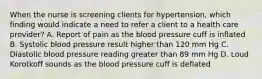 When the nurse is screening clients for hypertension, which finding would indicate a need to refer a client to a health care provider? A. Report of pain as the blood pressure cuff is inflated B. Systolic blood pressure result higher than 120 mm Hg C. Diastolic blood pressure reading greater than 89 mm Hg D. Loud Korotkoff sounds as the blood pressure cuff is deflated