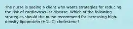 The nurse is seeing a client who wants strategies for reducing the risk of cardiovascular disease. Which of the following strategies should the nurse recommend for increasing high-density lipoprotein (HDL-C) cholesterol?