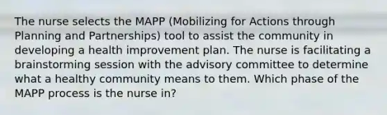 The nurse selects the MAPP (Mobilizing for Actions through Planning and Partnerships) tool to assist the community in developing a health improvement plan. The nurse is facilitating a brainstorming session with the advisory committee to determine what a healthy community means to them. Which phase of the MAPP process is the nurse in?