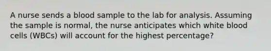 A nurse sends a blood sample to the lab for analysis. Assuming the sample is normal, the nurse anticipates which white blood cells (WBCs) will account for the highest percentage?