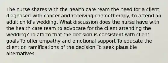 The nurse shares with the health care team the need for a client, diagnosed with cancer and receiving chemotherapy, to attend an adult child's wedding. What discussion does the nurse have with the health care team to advocate for the client attending the wedding? To affirm that the decision is consistent with client goals To offer empathy and emotional support To educate the client on ramifications of the decision To seek plausible alternatives