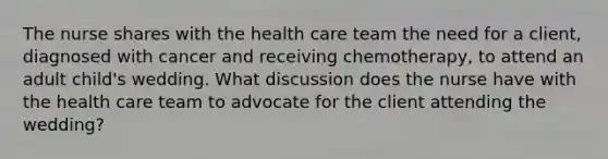 The nurse shares with the health care team the need for a client, diagnosed with cancer and receiving chemotherapy, to attend an adult child's wedding. What discussion does the nurse have with the health care team to advocate for the client attending the wedding?