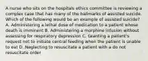 A nurse who sits on the hospitals ethics committee is reviewing a complex case that has many of the hallmarks of assisted suicide. Which of the following would be an example of assisted suicide? A. Administering a lethal dose of medication to a patient whose death is imminent B. Administering a morphine infusion without assessing for respiratory depression C. Granting a patient's request not to initiate central feeding when the patient is unable to eat D. Neglecting to resuscitate a patient with a do not resuscitate order