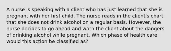 A nurse is speaking with a client who has just learned that she is pregnant with her first child. The nurse reads in the client's chart that she does not drink alcohol on a regular basis. However, the nurse decides to go ahead and warn the client about the dangers of drinking alcohol while pregnant. Which phase of health care would this action be classified as?