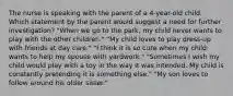 The nurse is speaking with the parent of a 4-year-old child. Which statement by the parent would suggest a need for further investigation? "When we go to the park, my child never wants to play with the other children." "My child loves to play dress-up with friends at day care." "I think it is so cute when my child wants to help my spouse with yardwork." "Sometimes I wish my child would play with a toy in the way it was intended. My child is constantly pretending it is something else." "My son loves to follow around his older sister."