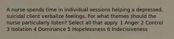 A nurse spends time in individual sessions helping a depressed, suicidal client verbalize feelings. For what themes should the nurse particularly listen? Select all that apply. 1 Anger 2 Control 3 Isolation 4 Dominance 5 Hopelessness 6 Indecisiveness