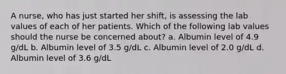 A nurse, who has just started her shift, is assessing the lab values of each of her patients. Which of the following lab values should the nurse be concerned about? a. Albumin level of 4.9 g/dL b. Albumin level of 3.5 g/dL c. Albumin level of 2.0 g/dL d. Albumin level of 3.6 g/dL