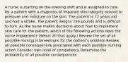 A nurse is starting on the evening shift and is assigned to care for a patient with a diagnosis of impaired skin integrity related to pressure and moisture on the skin. The patient is 72 years old and had a stroke. The patient weighs 250 pounds and is difficult to turn. As the nurse makes decisions about how to implement skin care for the patient, which of the following actions does the nurse implement? (Select all that apply.) Review the set of all possible nursing interventions for the patient's problem Review all possible consequences associated with each possible nursing action Consider own level of competency Determine the probability of all possible consequences