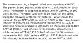 The nurse is starting a heparin infusion on a patient with DIC. The patient is 160 pounds. Initial rate = 10 units/kg/hr, or 1000 units. The heparin is supplied as 25000 units in 250 mL, or 100 units per mL. Therefore 1000 units is 10 mL/hr on the pump. Using the following protocol (not pictured), what should the nurse do for an APTT of 86 seconds at 1300? A. Decrease heparin infusion to 9 mL/hr on the pump and redraw APTT at 1930 B. Decrease heparin infusion to 900 mL/hr on the pump and redraw APTT at 1930 C. Hold infusion for 30 minutes, decrease to 9 mL/hr, redraw APTT at 1930 D. Hold infusion for 30 minutes, decrease to 900 mL/hr, redraw APTT at 1930 E. Hold infusion for 30 minutes, decrease to 900 units/hr, redraw APTT at 1900