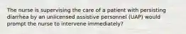 The nurse is supervising the care of a patient with persisting diarrhea by an unlicensed assistive personnel (UAP) would prompt the nurse to intervene immediately?