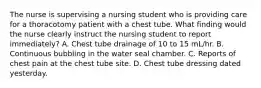 The nurse is supervising a nursing student who is providing care for a thoracotomy patient with a chest tube. What finding would the nurse clearly instruct the nursing student to report immediately? A. Chest tube drainage of 10 to 15 mL/hr. B. Continuous bubbling in the water seal chamber. C. Reports of chest pain at the chest tube site. D. Chest tube dressing dated yesterday.