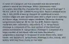 A nurse on a surgical unit has assessed and documented a patient's wound and drainage. Which statements most accurately describe the characteristic of the wound drainage? T: 99.9 P: 100 R: 20 BP: 138/88 Nursing note: Patient postoperative day 2. Dry sterile dressing changed on abdominal incision. Incision edges are well approximated with a slight 1/2cm opening at inferior edge, incisional edges reddened. Hemovac draining sanguineous material, 60 mL for the shift. Patient reports moderate pain, relieved by oxycodone X1. a. sanguineous drainage is composed of the clear portion of the blood and serous membranes b. sanguineous drainage is composed of a large number of red blood cells and looks like blood c. sanguineous drainage is composed of white blood cells, dead tissue, and bacteria d. sanguineous drainage is thin, cloudy, and watery and may have musty or foul odor