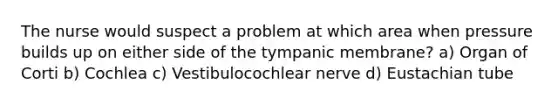 The nurse would suspect a problem at which area when pressure builds up on either side of the tympanic membrane? a) Organ of Corti b) Cochlea c) Vestibulocochlear nerve d) Eustachian tube