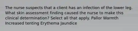 The nurse suspects that a client has an infection of the lower leg. What skin assessment finding caused the nurse to make this clinical determination? Select all that apply. Pallor Warmth Increased tenting Erythema Jaundice