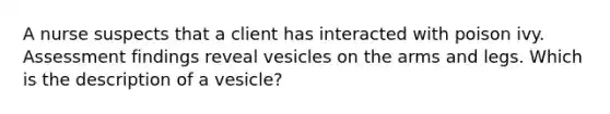 A nurse suspects that a client has interacted with poison ivy. Assessment findings reveal vesicles on the arms and legs. Which is the description of a vesicle?