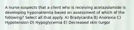 A nurse suspects that a client who is receiving acetazolamide is developing hyponatremia based on assessment of which of the following? Select all that apply. A) Bradycardia B) Anorexia C) Hypotension D) Hypoglycemia E) Decreased skin turgor