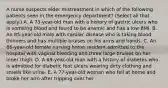 A nurse suspects elder mistreatment in which of the following patients seen in the emergency department? (Select all that apply.) A. A 73-year-old man with a history of gastric ulcers who is vomiting blood and found to be anemic and has a low BMI. B. An 85-year-old male with cardiac disease who is taking blood thinners and has multiple bruises on his arms and hands. C. An 86-year-old female nursing home resident admitted to the hospital with vaginal bleeding and three large bruises on her inner thigh. D. A 69-year-old man with a history of diabetes who is admitted for diabetic foot ulcers wearing dirty clothing and smells like urine. E. A 77-year-old woman who fell at home and broke her arm after tripping over her