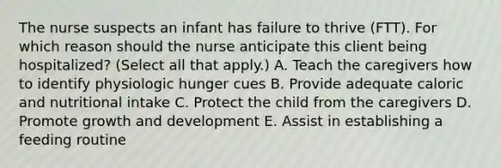 The nurse suspects an infant has failure to thrive​ (FTT). For which reason should the nurse anticipate this client being​ hospitalized? (Select all that​ apply.) A. Teach the caregivers how to identify physiologic hunger cues B. Provide adequate caloric and nutritional intake C. Protect the child from the caregivers D. Promote growth and development E. Assist in establishing a feeding routine