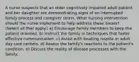 A nurse suspects that an older cognitively impaired adult patient and her daughter are demonstrating signs of an interrupted family process and caregiver strain. What nursing intervention should the nurse implement to help address these issues? (Select all that apply.) a) Encourage family members to keep the patient oriented. b) Instruct the family in techniques that foster effective communication. c) Assist with locating respite or adult day care centers. d) Assess the family's reactions to the patient's condition. e) Discuss the reality of disease processes with the family.