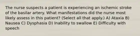 The nurse suspects a patient is experiencing an ischemic stroke of the basilar artery. What manifestations did the nurse most likely assess in this patient? (Select all that apply.) A) Ataxia B) Nausea C) Dysphasia D) Inability to swallow E) Difficulty with speech