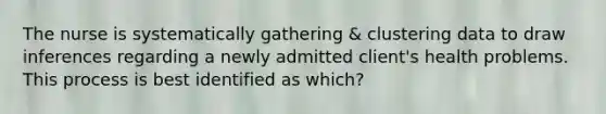 The nurse is systematically gathering & clustering data to draw inferences regarding a newly admitted client's health problems. This process is best identified as which?