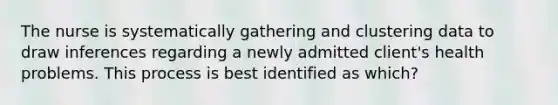 The nurse is systematically gathering and clustering data to draw inferences regarding a newly admitted client's health problems. This process is best identified as which?