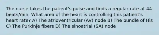 The nurse takes the patient's pulse and finds a regular rate at 44 beats/min. What area of the heart is controlling this patient's heart rate? A) The atrioventricular (AV) node B) The bundle of His C) The Purkinje fibers D) The sinoatrial (SA) node