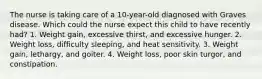 The nurse is taking care of a 10-year-old diagnosed with Graves disease. Which could the nurse expect this child to have recently had? 1. Weight gain, excessive thirst, and excessive hunger. 2. Weight loss, difficulty sleeping, and heat sensitivity. 3. Weight gain, lethargy, and goiter. 4. Weight loss, poor skin turgor, and constipation.