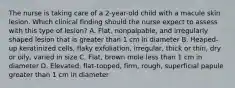 The nurse is taking care of a 2-year-old child with a macule skin lesion. Which clinical finding should the nurse expect to assess with this type of lesion? A. Flat, nonpalpable, and irregularly shaped lesion that is greater than 1 cm in diameter B. Heaped-up keratinized cells, flaky exfoliation, irregular, thick or thin, dry or oily, varied in size C. Flat, brown mole less than 1 cm in diameter D. Elevated, flat-topped, firm, rough, superficial papule greater than 1 cm in diameter