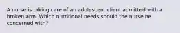 A nurse is taking care of an adolescent client admitted with a broken arm. Which nutritional needs should the nurse be concerned with?