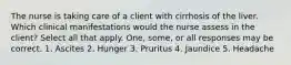 The nurse is taking care of a client with cirrhosis of the liver. Which clinical manifestations would the nurse assess in the client? Select all that apply. One, some, or all responses may be correct. 1. Ascites 2. Hunger 3. Pruritus 4. Jaundice 5. Headache