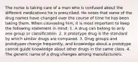 The nurse is taking care of a man who is confused about the different medications he is prescribed. He notes that some of the drug names have changed over the course of time he has been taking them. When counseling him, it is most important to keep the following statement in mind: 1. A drug can belong to only one group or classification. 2. A prototype drug is the standard by which similar drugs are compared. 3. Drug groups and prototypes change frequently, and knowledge about a prototype cannot guide knowledge about other drugs in the same class. 4. The generic name of a drug changes among manufacturers.