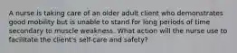 A nurse is taking care of an older adult client who demonstrates good mobility but is unable to stand for long periods of time secondary to muscle weakness. What action will the nurse use to facilitate the client's self-care and safety?