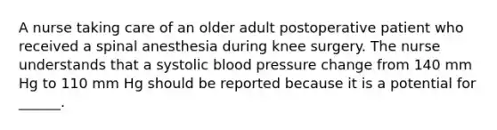 A nurse taking care of an older adult postoperative patient who received a spinal anesthesia during knee surgery. The nurse understands that a systolic blood pressure change from 140 mm Hg to 110 mm Hg should be reported because it is a potential for ______.