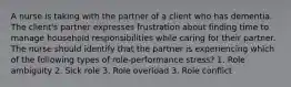 A nurse is taking with the partner of a client who has dementia. The client's partner expresses frustration about finding time to manage household responsibilities while caring for their partner. The nurse should identify that the partner is experiencing which of the following types of role-performance stress? 1. Role ambiguity 2. Sick role 3. Role overload 3. Role conflict