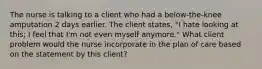 The nurse is talking to a client who had a below-the-knee amputation 2 days earlier. The client states, "I hate looking at this; I feel that I'm not even myself anymore." What client problem would the nurse incorporate in the plan of care based on the statement by this client?