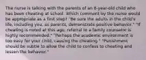 The nurse is talking with the parents of an 8-year-old child who has been cheating at school. Which comment by the nurse would be appropriate as a first step? "Be sure the adults in the child's life, including you, as parents, demonstrate positive behavior." "If cheating is noted at this age, referral to a family counselor is highly recommended." "Perhaps the academic environment is too easy for your child, causing the cheating." "Punishment should be subtle to allow the child to confess to cheating and lessen the behavior."