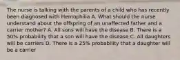 The nurse is talking with the parents of a child who has recently been diagnosed with Hemophilia A. What should the nurse understand about the offspring of an unaffected father and a carrier mother? A. All sons will have the disease B. There is a 50% probability that a son will have the disease C. All daughters will be carriers D. There is a 25% probability that a daughter will be a carrier