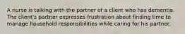 A nurse is talking with the partner of a client who has dementia. The client's partner expresses frustration about finding time to manage household responsibilities while caring for his partner.