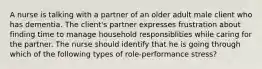 A nurse is talking with a partner of an older adult male client who has dementia. The client's partner expresses frustration about finding time to manage household responsiblities while caring for the partner. The nurse should identify that he is going through which of the following types of role-performance stress?