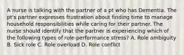 A nurse is talking with the partner of a pt who has Dementia. The pt's partner expresses frustration about finding time to manage household responsibilities while caring for their partner. The nurse should identify that the partner is experiencing which of the following types of role-performance stress? A. Role ambiguity B. Sick role C. Role overload D. Role conflict